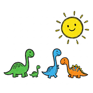 Dinosaur Family Walking Under a Smiling Crayon Sun